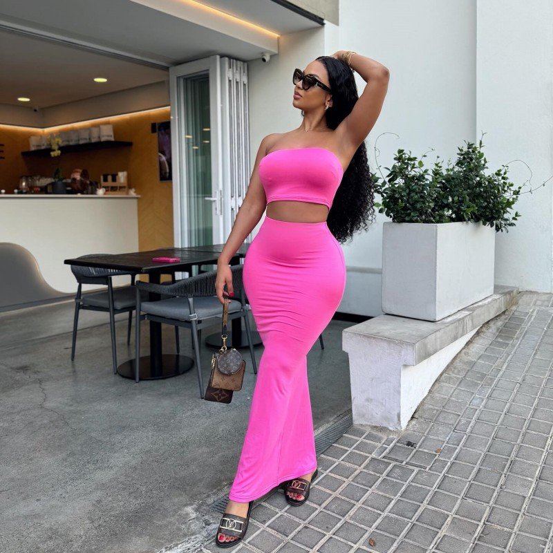 Peeqi A454ST summer new sexy women two piece skirt set solid color sleeveless strapless top slim long skirt suit for lady women