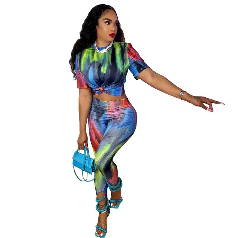 nightclub gradient abstract printing stepping pants T-shirt two-piece set suit sets for women