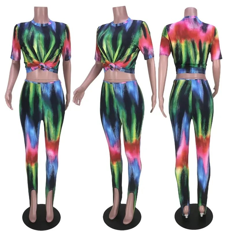 nightclub gradient abstract printing stepping pants T-shirt two-piece set suit sets for women