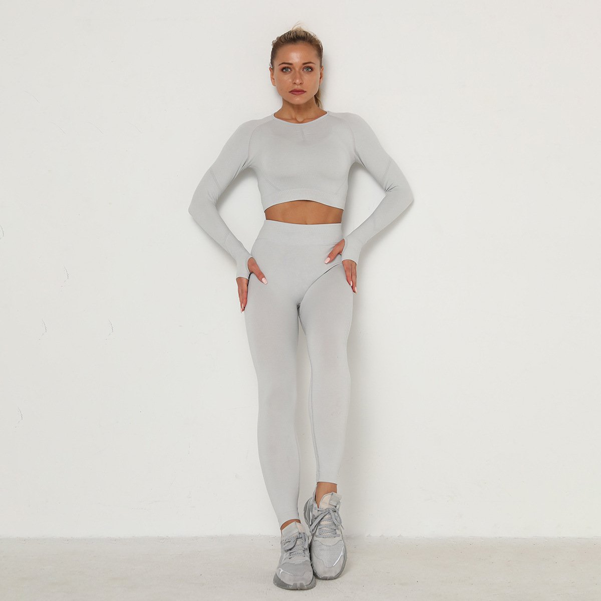 High quality Women's Yoga Set Workout Sports Gym Legging Seamless Fitness Bra Crop Top Long Sleeve Yoga Suit
