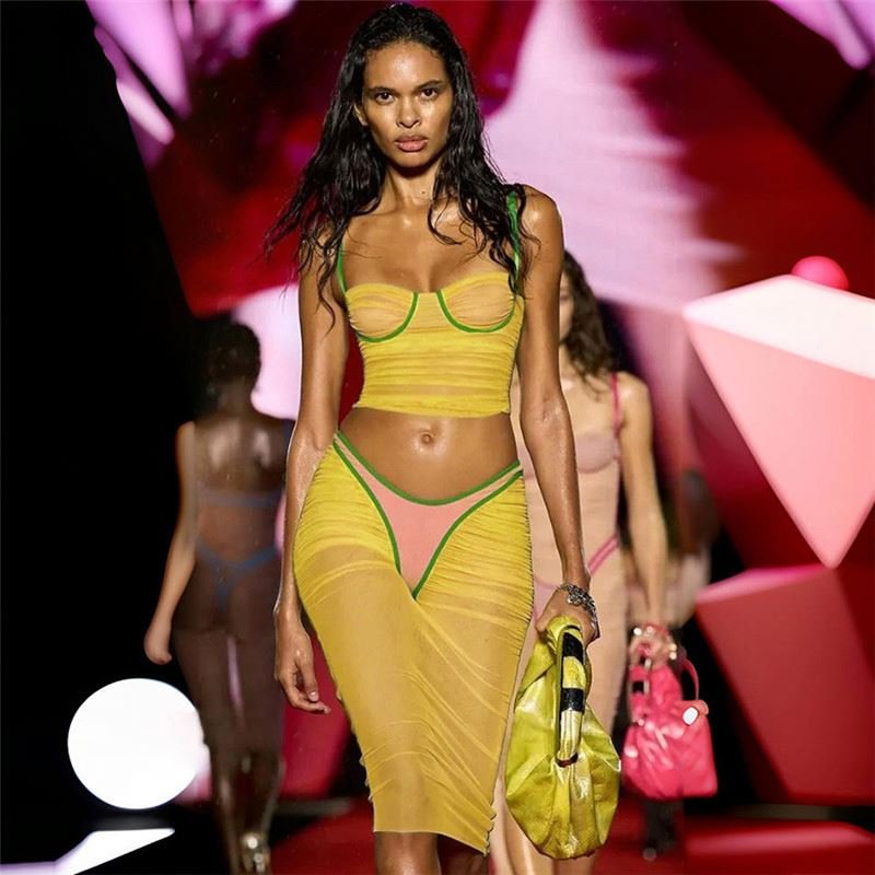 WQ6580 Autumn winter women's set halter crop top skinny pleated mesh see through maxi skirt 2 piece set for women lady
