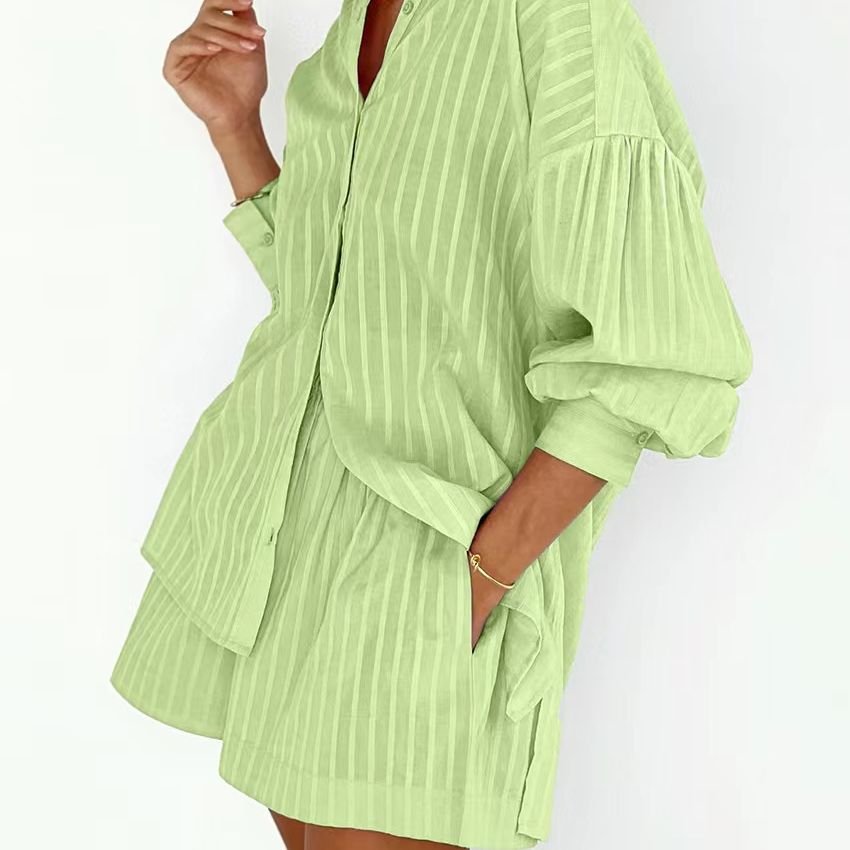 Wholesale 2024 Autumn New Jacquard Striped Loose Back Shirt Two-piece Set Loose Shorts Women's Set