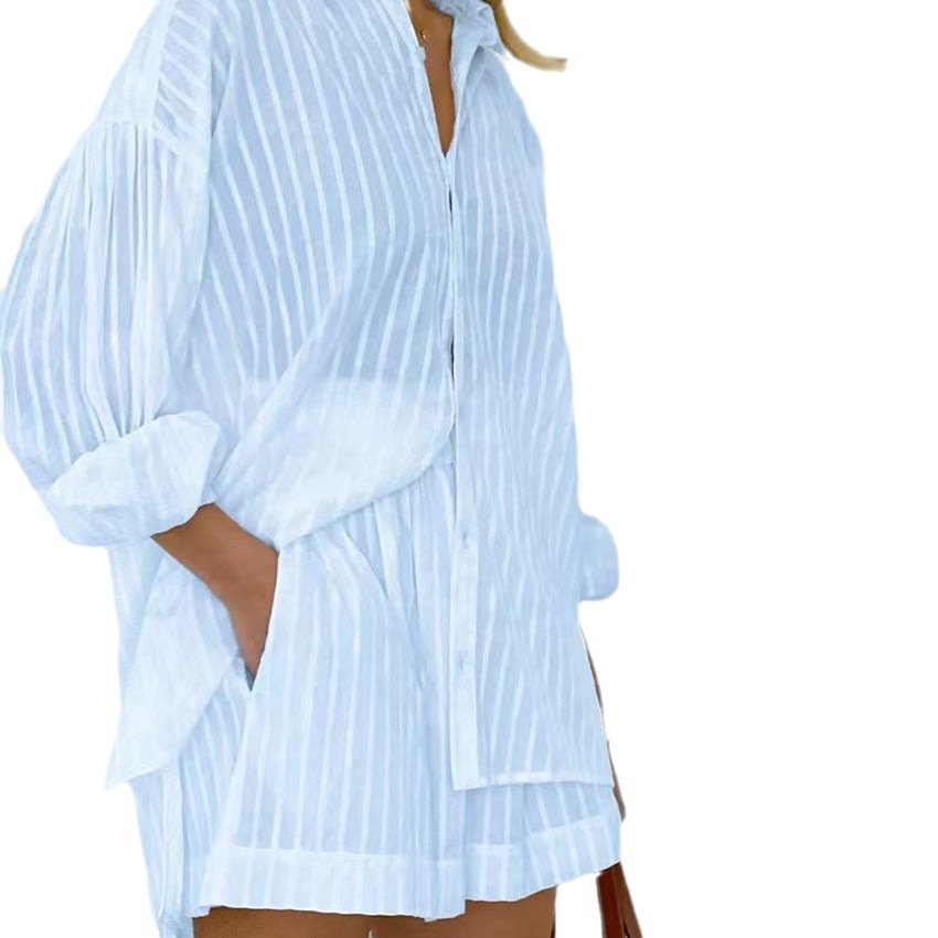 Wholesale 2024 Autumn New Jacquard Striped Loose Back Shirt Two-piece Set Loose Shorts Women's Set