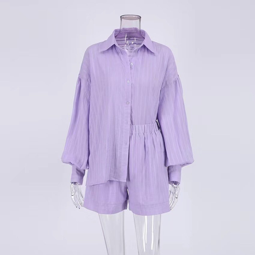 Wholesale 2024 Autumn New Jacquard Striped Loose Back Shirt Two-piece Set Loose Shorts Women's Set
