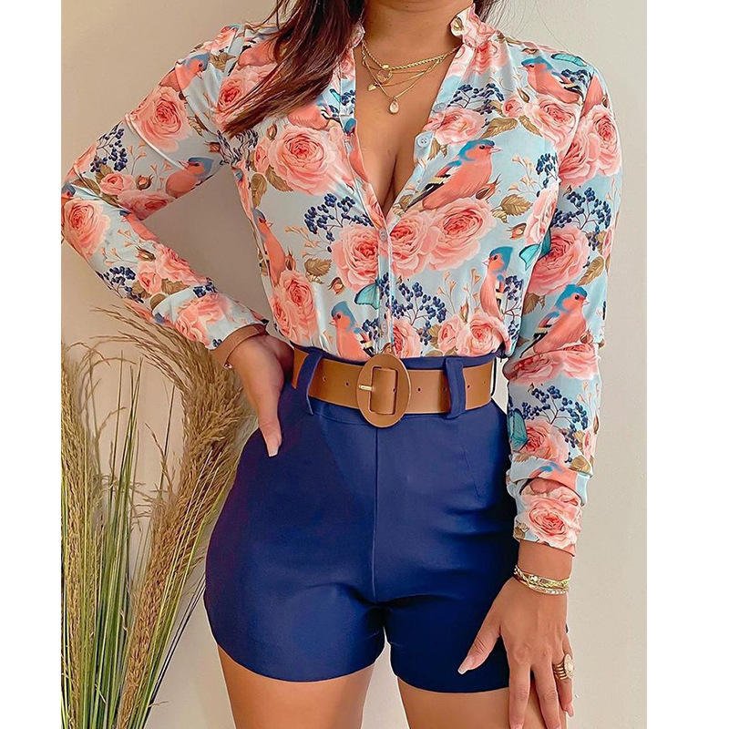 Custom INS Fashion women sets Chiffon Shirt Long Sleeve Printed two pieces sets Stand-up Collar Shirt Blouse Women's Suit Set