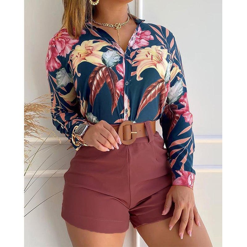 Custom INS Fashion women sets Chiffon Shirt Long Sleeve Printed two pieces sets Stand-up Collar Shirt Blouse Women's Suit Set