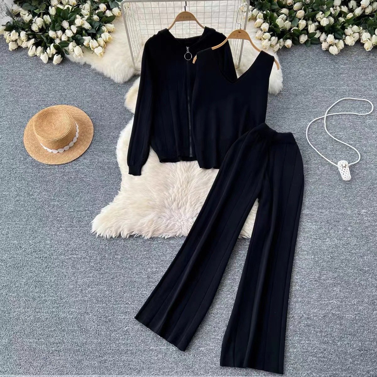 Wholesale 2024 Autumn New Simple and Fashionable Hooded Jacket Sleeveless Vest High Waisted Pants Knitted Women's Sets
