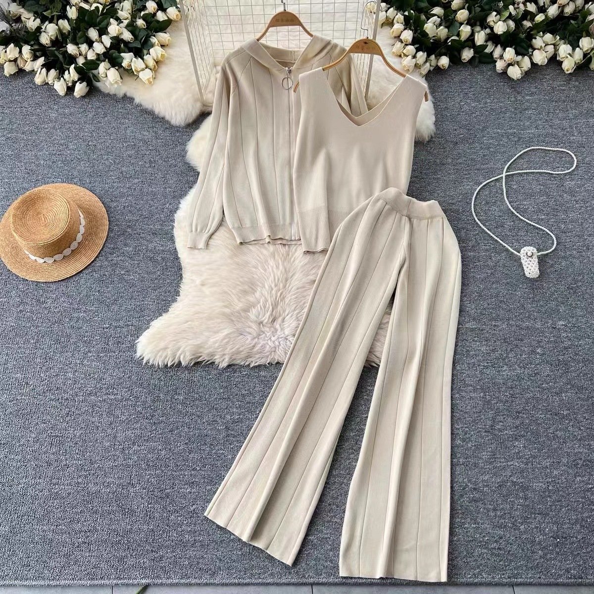Wholesale 2024 Autumn New Simple and Fashionable Hooded Jacket Sleeveless Vest High Waisted Pants Knitted Women's Sets