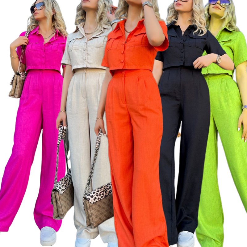 spring summer fall candy color women's clothing women lapels loose button pocket shirt pants casual two piece ladies sets
