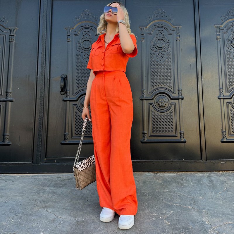 spring summer fall candy color women's clothing women lapels loose button pocket shirt pants casual two piece ladies sets