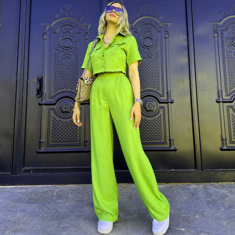 spring summer fall candy color women's clothing women lapels loose button pocket shirt pants casual two piece ladies sets