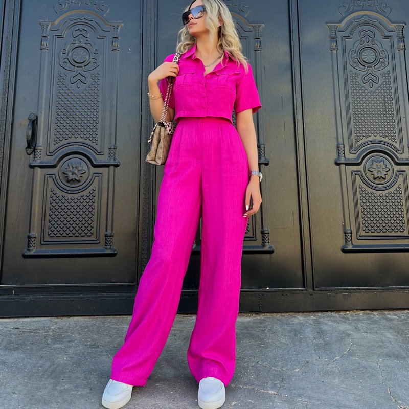 spring summer fall candy color women's clothing women lapels loose button pocket shirt pants casual two piece ladies sets