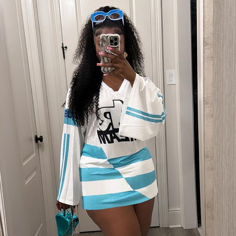 Peeqi y2k women clothing mesh long sleeve t shirt jersey and bubble mini skirt and bow 3 piece set casual outfit streetwear