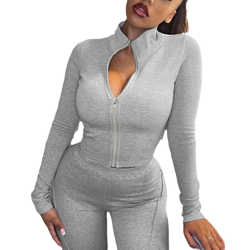 Hot Sell Long Sleeves Zipper Women Sportswear Set Two Piece Set Solid Color Casual Cardigan Custom Logo Tracksuits Outfits