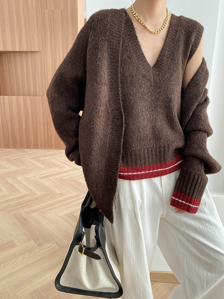 Boutique Wholesale 2024 Autumn New Fashionable Retro V-neck Knitted Cardigan Vest Women's Set