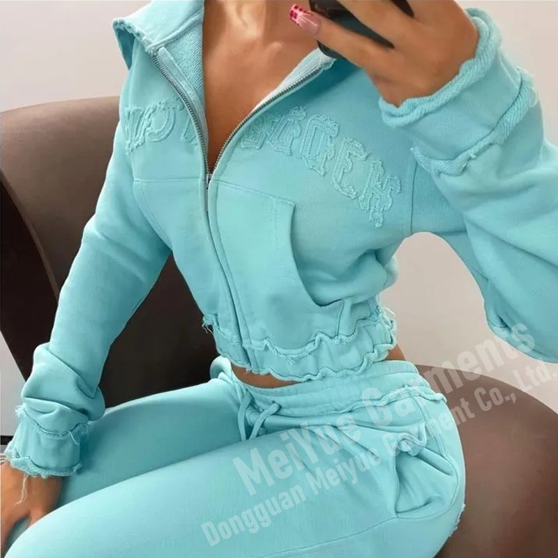 Custom Cropped Zipper Acid Washed Tracksuit Women's Clothing Embroidery Patch Hoodie And Sweatpants Distressed Sweatsuit Set