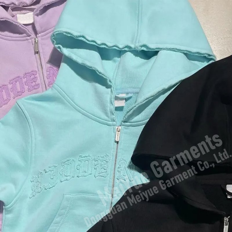 Custom Cropped Zipper Acid Washed Tracksuit Women's Clothing Embroidery Patch Hoodie And Sweatpants Distressed Sweatsuit Set