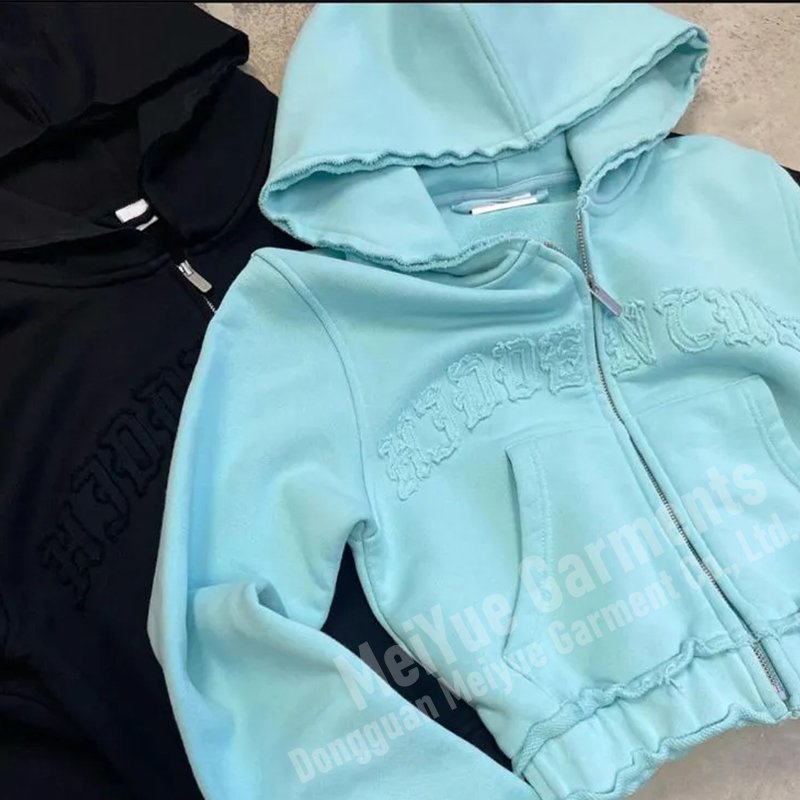 Custom Cropped Zipper Acid Washed Tracksuit Women's Clothing Embroidery Patch Hoodie And Sweatpants Distressed Sweatsuit Set