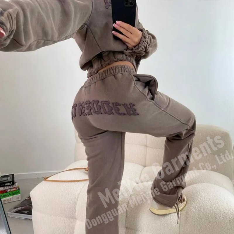 Custom Cropped Zipper Acid Washed Tracksuit Women's Clothing Embroidery Patch Hoodie And Sweatpants Distressed Sweatsuit Set