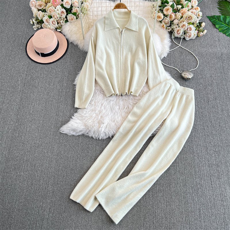 Women 2 Piece Sets 8 Colors Loungewear Outfit Loose Long Sleeve Zipper Shirts Tops Wide Leg Pants Two Piece Sweater Set