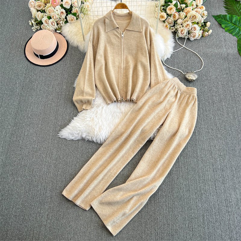 Women 2 Piece Sets 8 Colors Loungewear Outfit Loose Long Sleeve Zipper Shirts Tops Wide Leg Pants Two Piece Sweater Set