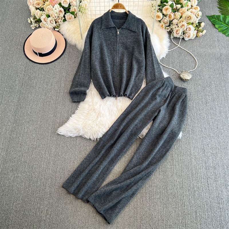 Women 2 Piece Sets 8 Colors Loungewear Outfit Loose Long Sleeve Zipper Shirts Tops Wide Leg Pants Two Piece Sweater Set