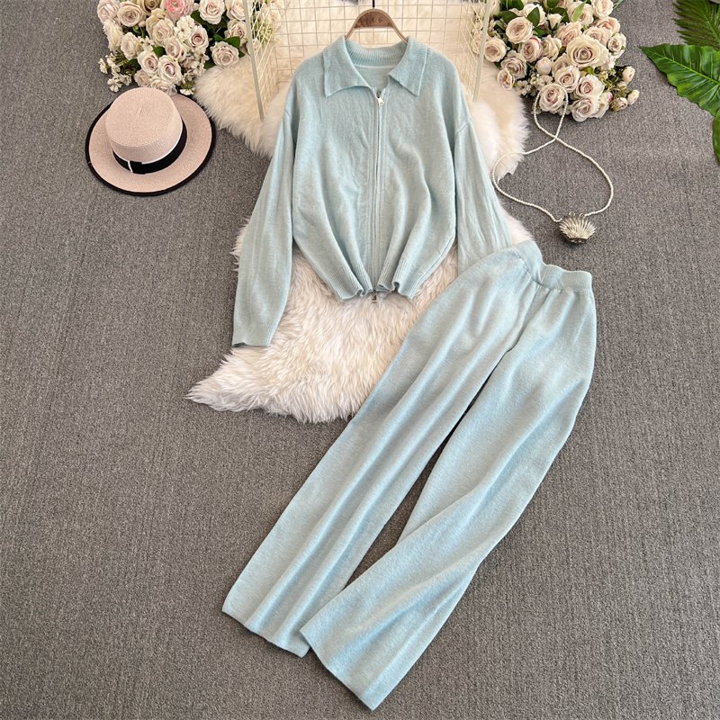 Women 2 Piece Sets 8 Colors Loungewear Outfit Loose Long Sleeve Zipper Shirts Tops Wide Leg Pants Two Piece Sweater Set
