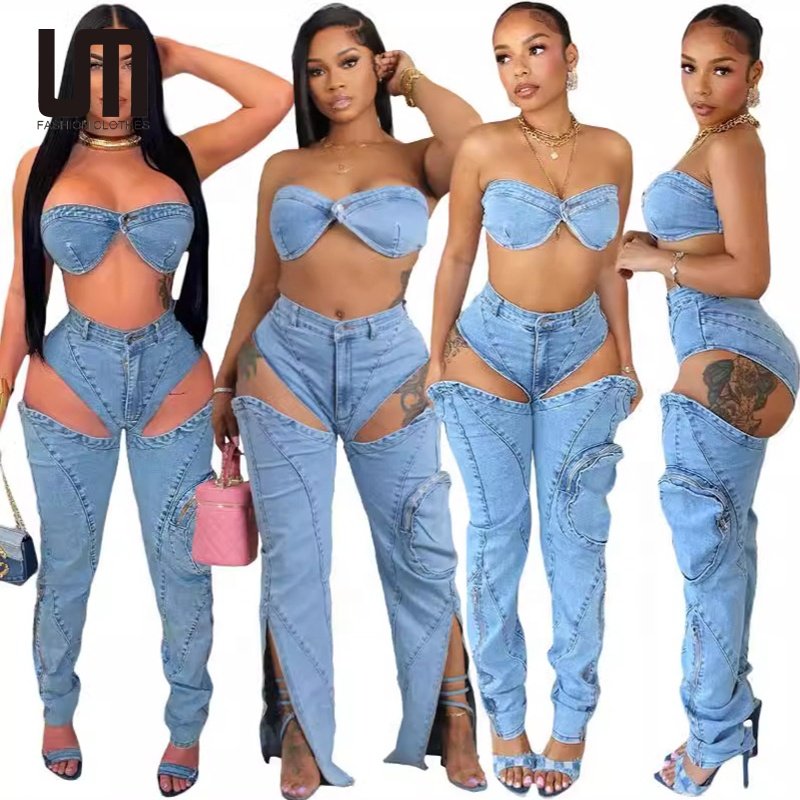 Liu Ming New Products 2024 Summer Women Sexy Strapless Wrapped Tops Sleeveless Hollow Slit Denim Long Jeans Pants Set