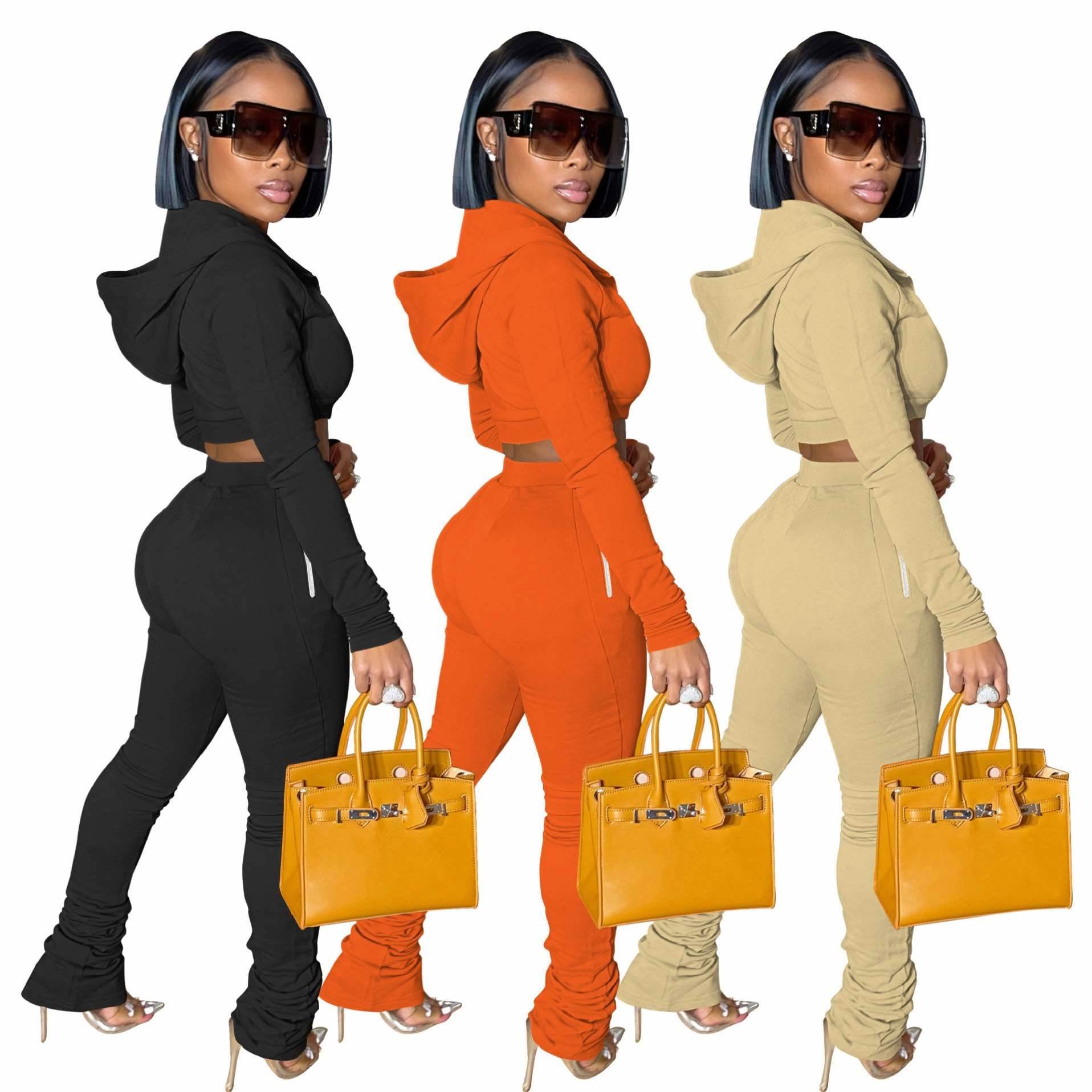 Woman Jog Suit Set Two Piece Pants Set Jogging Clothing Crop Top Stacked Sweatpants Woman Sweat Suit Set Women