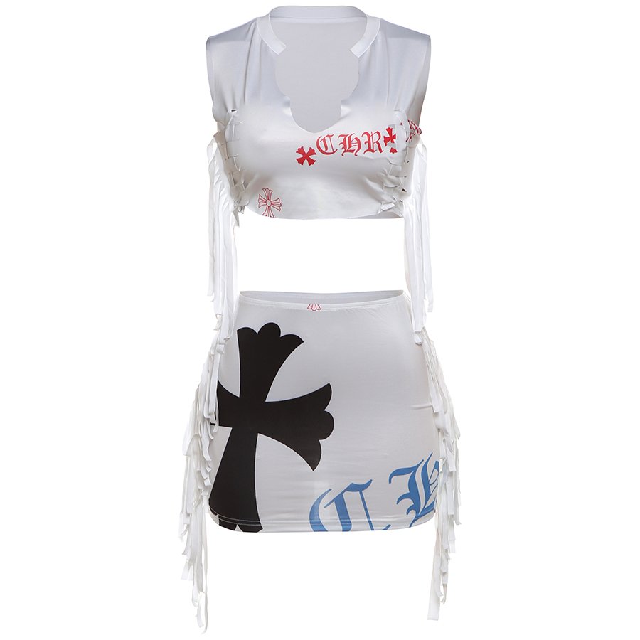 Kliou K24S44691 New arrivals summer women's sets printed outfits sleeveless tops+skirt 2 piece set women