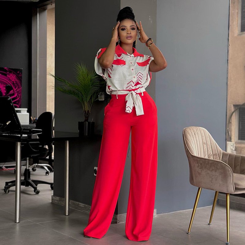 Summer women casual clothing ladies fashion lapel short sleeve shirt top tie wide leg trousers pants casual women's sets