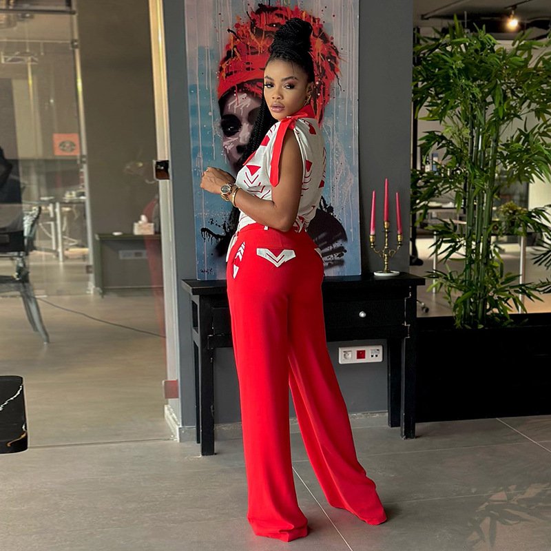 Summer women casual clothing ladies fashion lapel short sleeve shirt top tie wide leg trousers pants casual women's sets