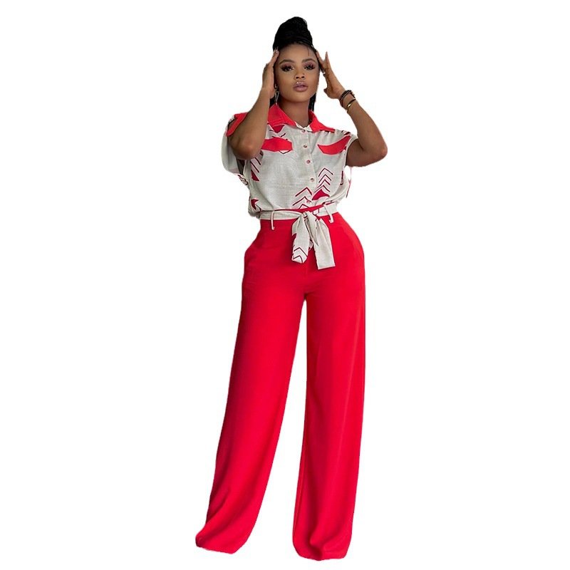 Summer women casual clothing ladies fashion lapel short sleeve shirt top tie wide leg trousers pants casual women's sets