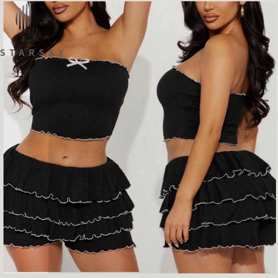 Hot-selling Women Clothing 2024 Summer New Fashion Sexy One-line Tube Top Pleated Cake Skirt Two-piece Set