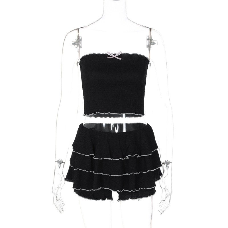 Hot-selling Women Clothing 2024 Summer New Fashion Sexy One-line Tube Top Pleated Cake Skirt Two-piece Set