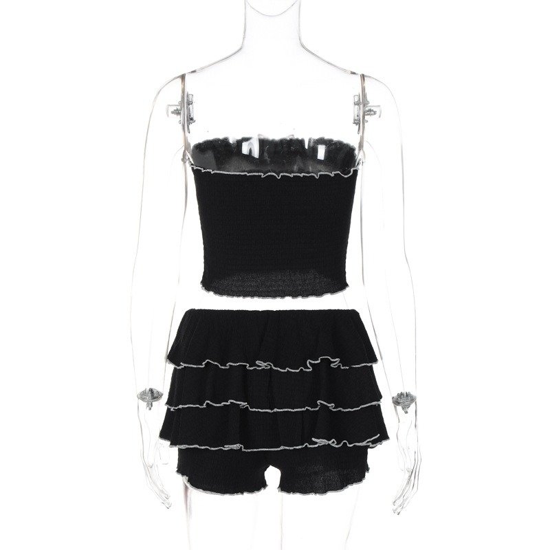 Hot-selling Women Clothing 2024 Summer New Fashion Sexy One-line Tube Top Pleated Cake Skirt Two-piece Set