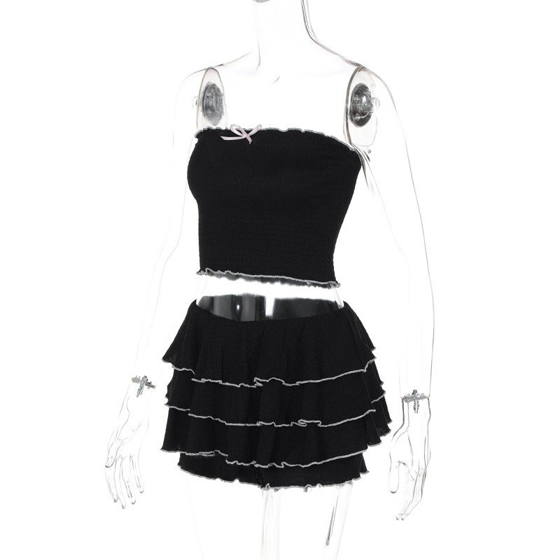 Hot-selling Women Clothing 2024 Summer New Fashion Sexy One-line Tube Top Pleated Cake Skirt Two-piece Set