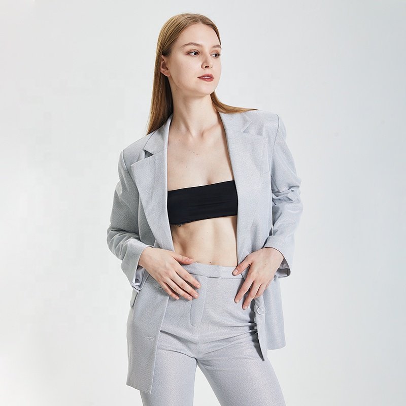 Customized Casual Wear Solid Color Long Sleeve Oversize Sporty Blazer Suit Comfortable Temperament Latest Two Piece Set