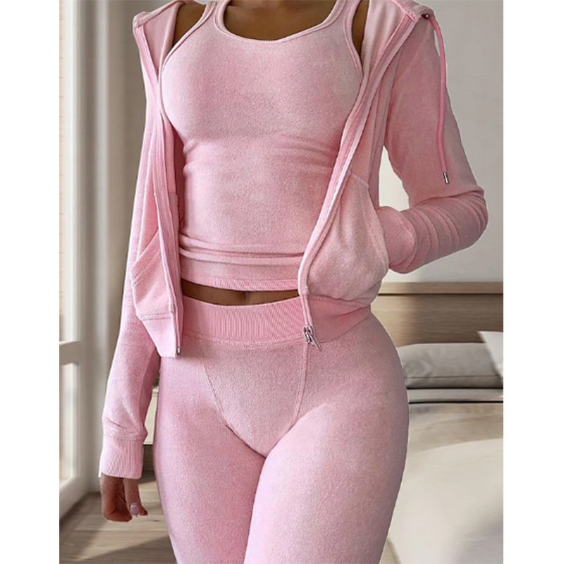 Women's Sets 3 Pieces Pure Color Warm Terry Towel Plush Home Daily Bed Flannel Warm Breathable Hoodie Long Sleeve and Pant sets