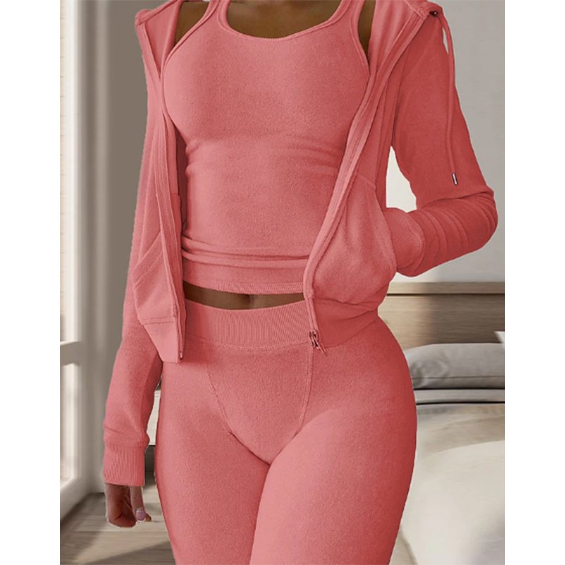 Women's Sets 3 Pieces Pure Color Warm Terry Towel Plush Home Daily Bed Flannel Warm Breathable Hoodie Long Sleeve and Pant sets