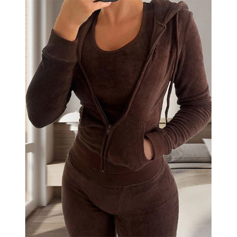 Women's Sets 3 Pieces Pure Color Warm Terry Towel Plush Home Daily Bed Flannel Warm Breathable Hoodie Long Sleeve and Pant sets