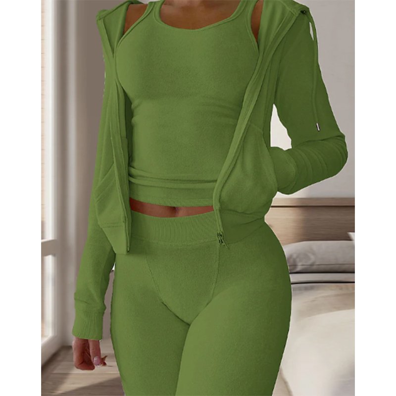 Women's Sets 3 Pieces Pure Color Warm Terry Towel Plush Home Daily Bed Flannel Warm Breathable Hoodie Long Sleeve and Pant sets