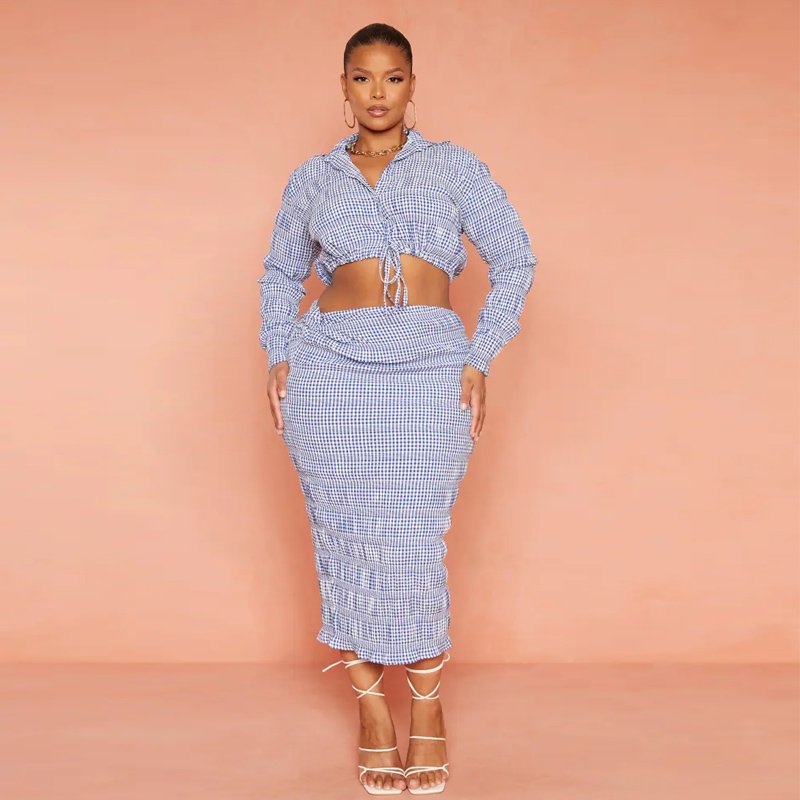 Fashion elegant women casual long sleeve drawstring crop blouse gingham slim midi skirt plus size two piece set