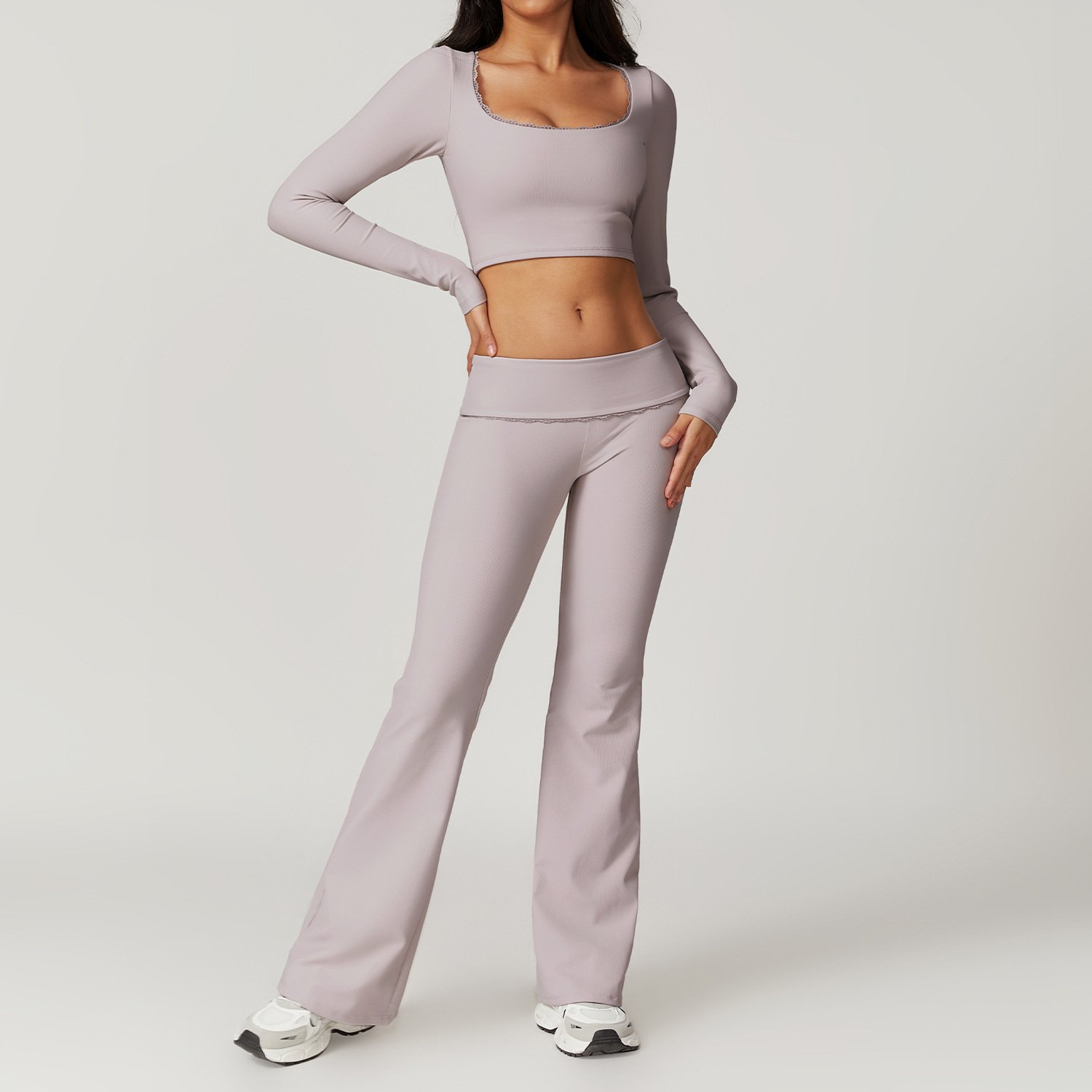 Women Lace Beauty Back Workout Yoga Set Lady Fashion High Waist Push Hip Gym Suit Female Crop Top Long Sleeve Yoga Suit