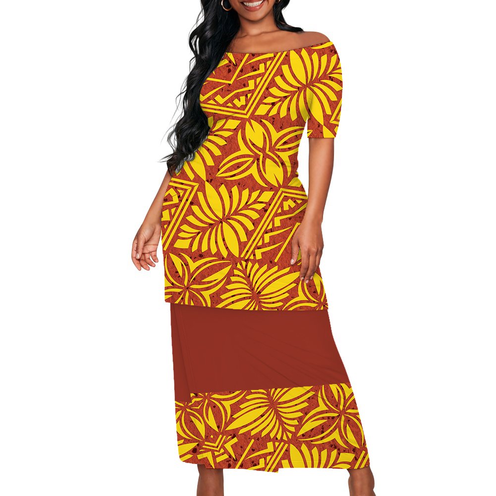 2024 New Arrivals Polynesian Elei Tribal Design Custom Fashion Trendy Casual Women's Short Sleeve Top Wrap Hip Skirt Puletasi