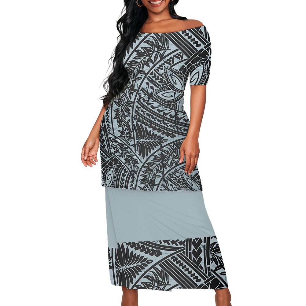 2024 New Arrivals Polynesian Elei Tribal Design Custom Fashion Trendy Casual Women's Short Sleeve Top Wrap Hip Skirt Puletasi