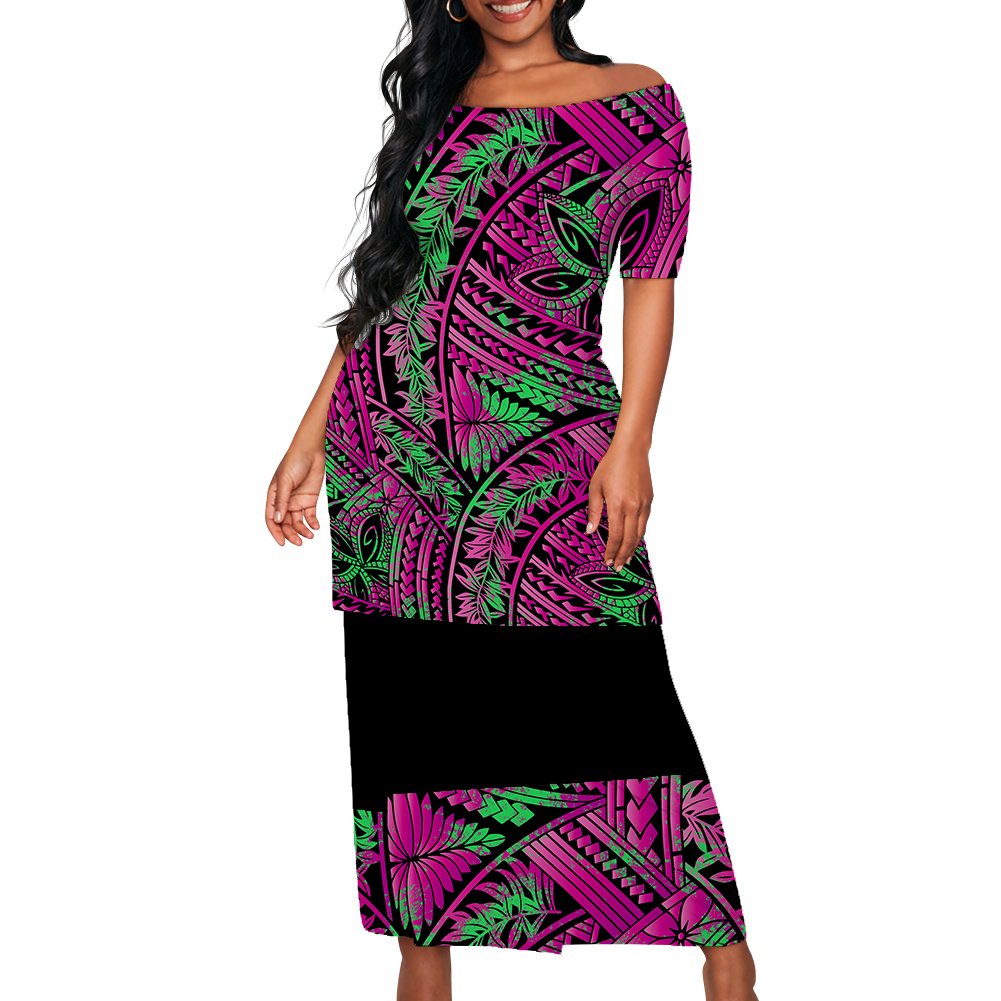 2024 New Arrivals Polynesian Elei Tribal Design Custom Fashion Trendy Casual Women's Short Sleeve Top Wrap Hip Skirt Puletasi