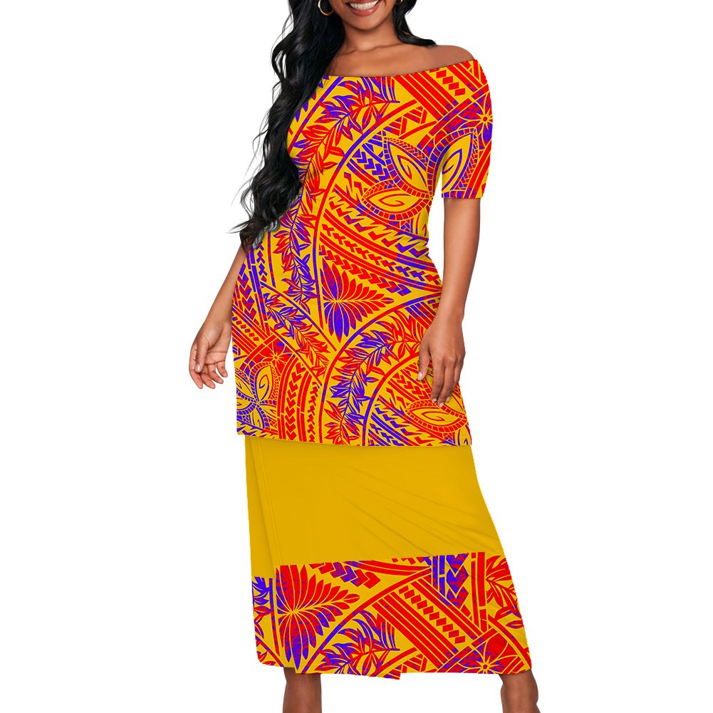 2024 New Arrivals Polynesian Elei Tribal Design Custom Fashion Trendy Casual Women's Short Sleeve Top Wrap Hip Skirt Puletasi