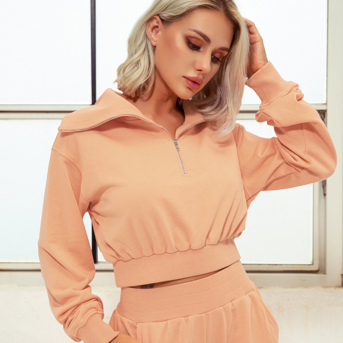 Women Casual Two Piece Sweat Set Zip Up Hoodie Crop Tops Sweatshirt High Waist Long Harem Pants Jogger Suit Outfits Tracksuit