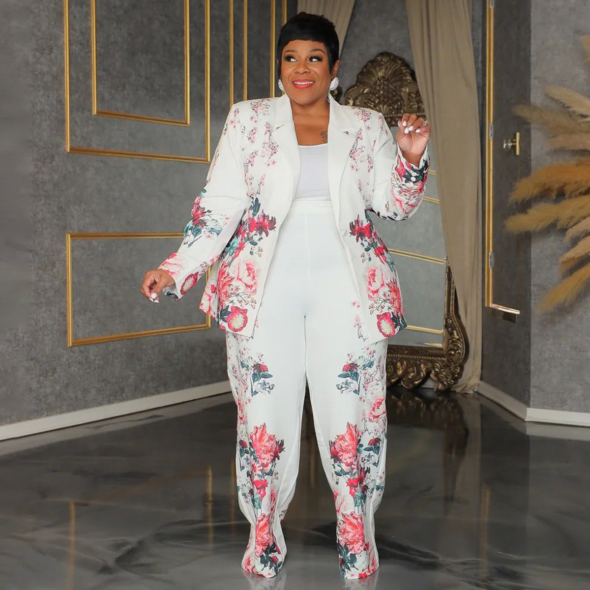 new fall fashion plus size women's clothing Floral Pattern Print Blazer women's formal set woman